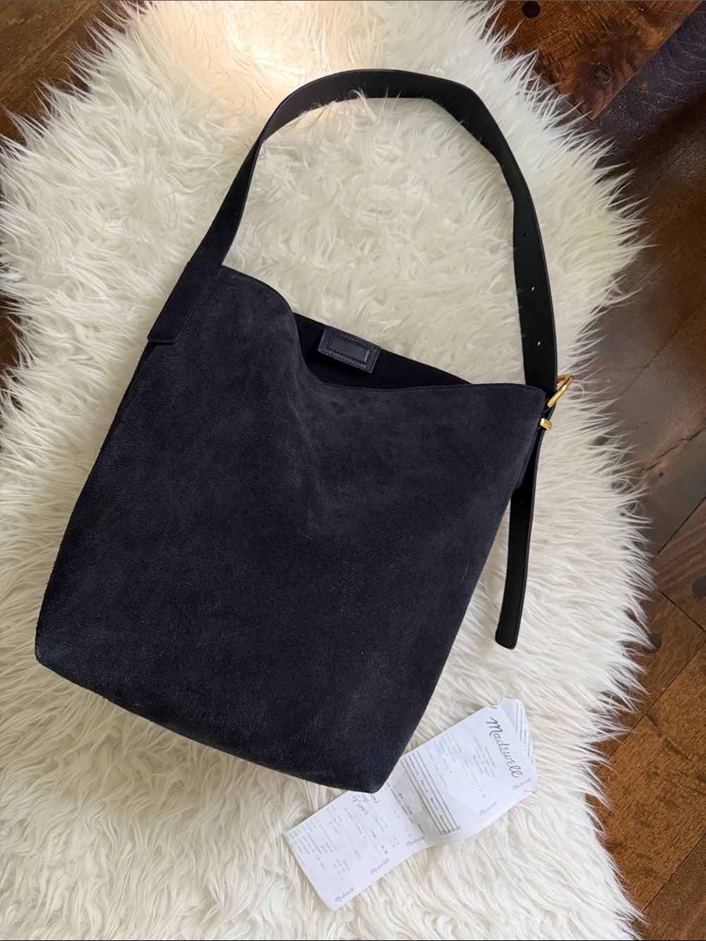 Madewell “The Essential” navy suede bucket bag deep indigo blue, gold buckle NEW - Picture 8 of 16